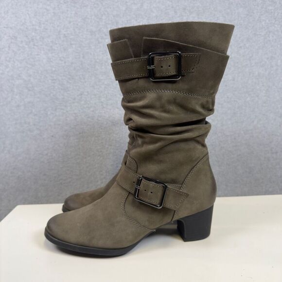 Cobb Hill Women's Size 6.5 Olive Green Leather Mid Calf Buckled Booties Boots - Picture 3 of 9